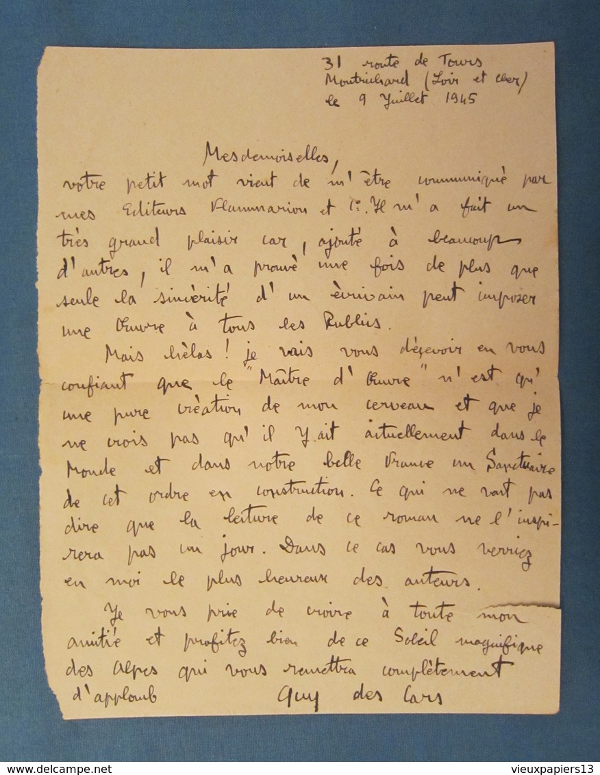 LAS - Guy Des Cars - Lettre Autographe Signée De Juillet 1945 à Propos De Son Roman Le Maitre D'Oeuvre - Autres & Non Classés