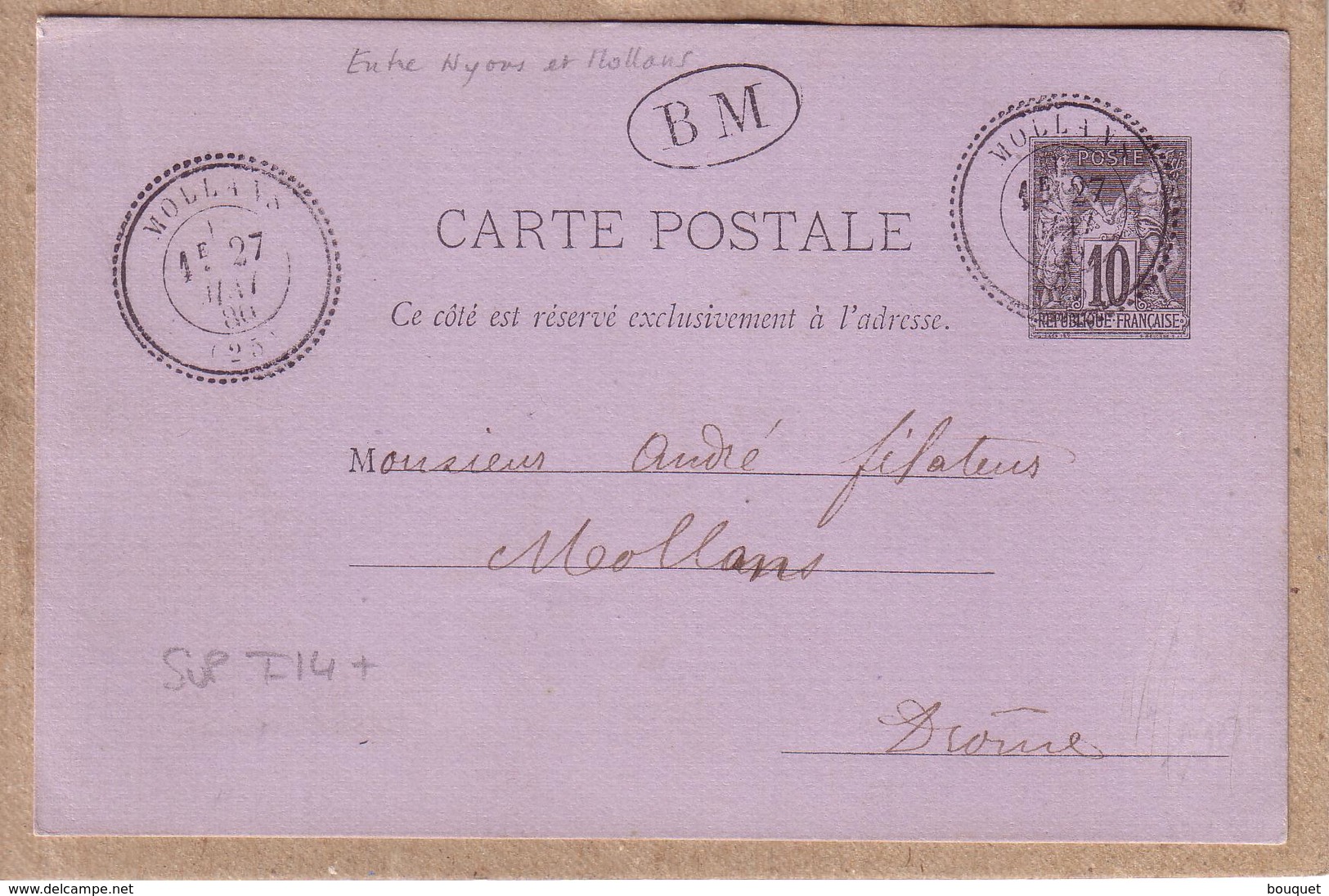 DRÔME - LETTRE DE NYONS POUR MOLLANS , ENTIER POSTAL 10 C SAGE + CACHET TYPE 24 + BOITE MOBILE - 1880 - 1849-1876: Klassieke Periode