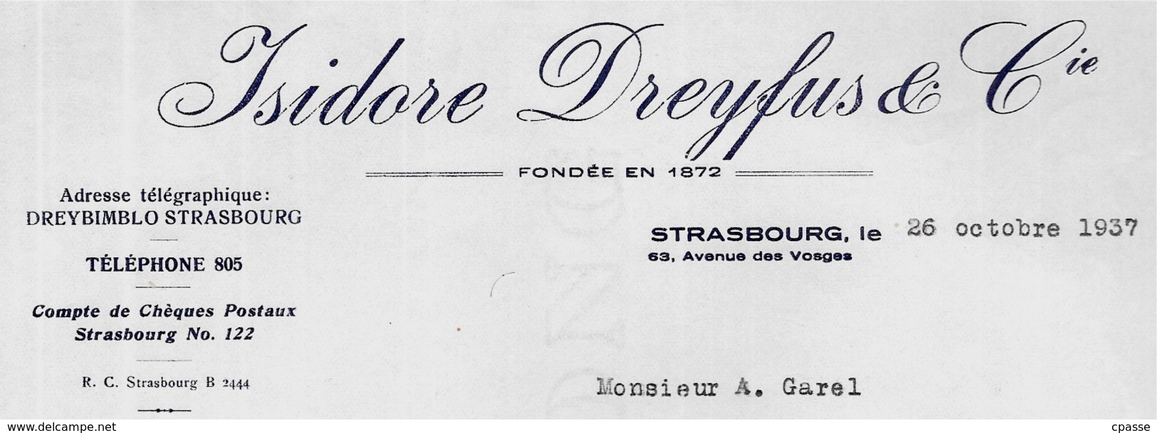 1937 Courrier Commercial Maison Isidore DREYFUS & Cie (Grossiste En Jouets) 67 Strasbourg Bas Rhin - 1900 – 1949
