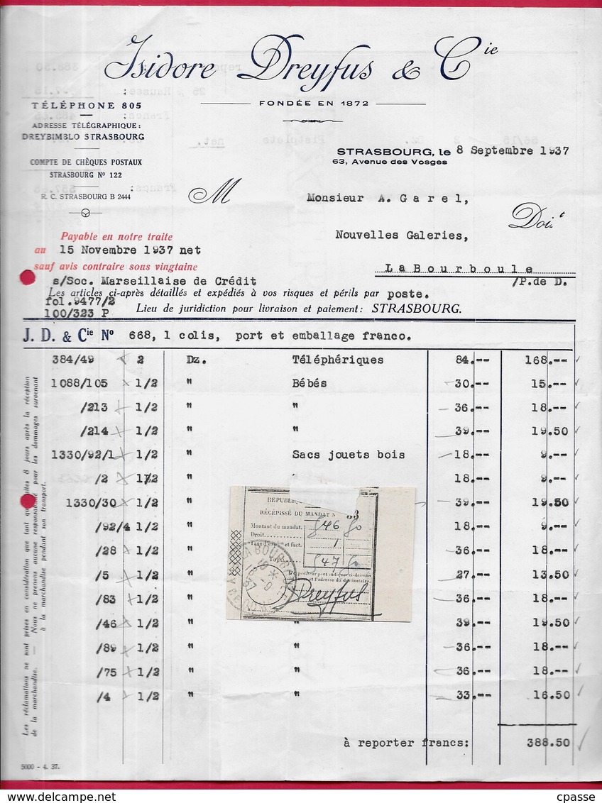 1937 FACTURE Maison Isidore DREYFUS & Cie (Grossiste En Jouets) 67 Strasbourg Bas Rhin - 1900 – 1949