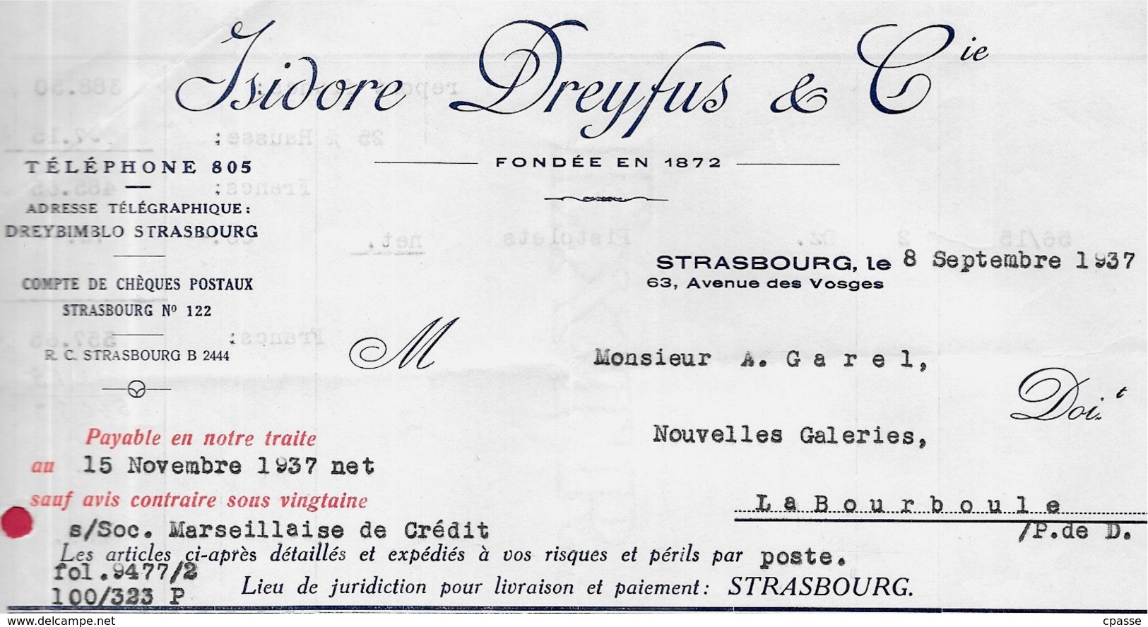 1937 FACTURE Maison Isidore DREYFUS & Cie (Grossiste En Jouets) 67 Strasbourg Bas Rhin - 1900 – 1949