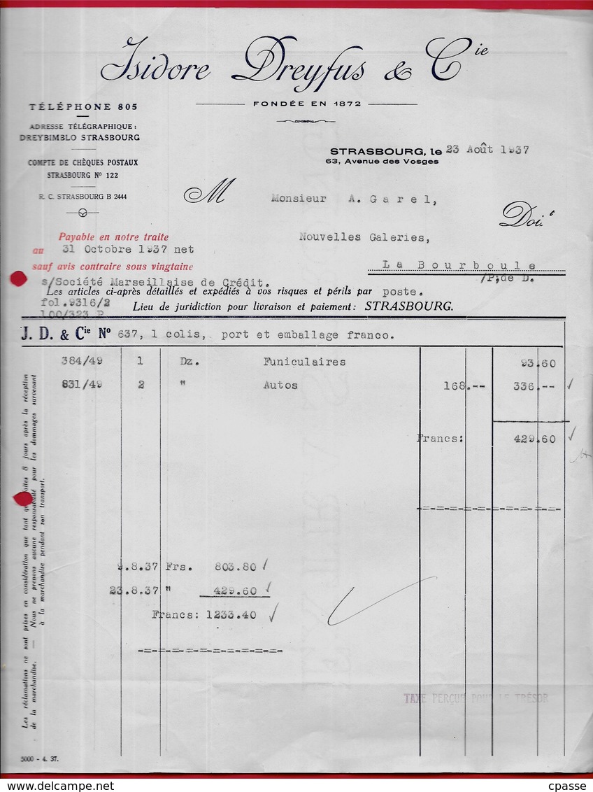 1937 FACTURE Maison Isidore DREYFUS & Cie (Grossiste En Jouets) 67 Strasbourg Bas Rhin - 1900 – 1949