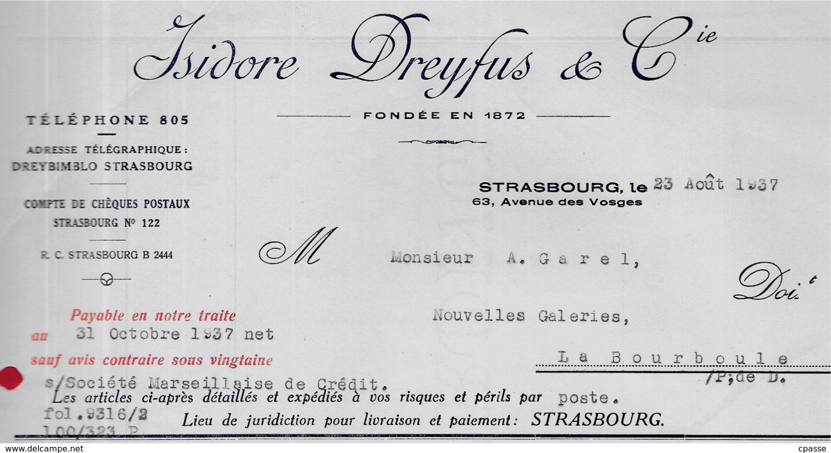 1937 FACTURE Maison Isidore DREYFUS & Cie (Grossiste En Jouets) 67 Strasbourg Bas Rhin - 1900 – 1949