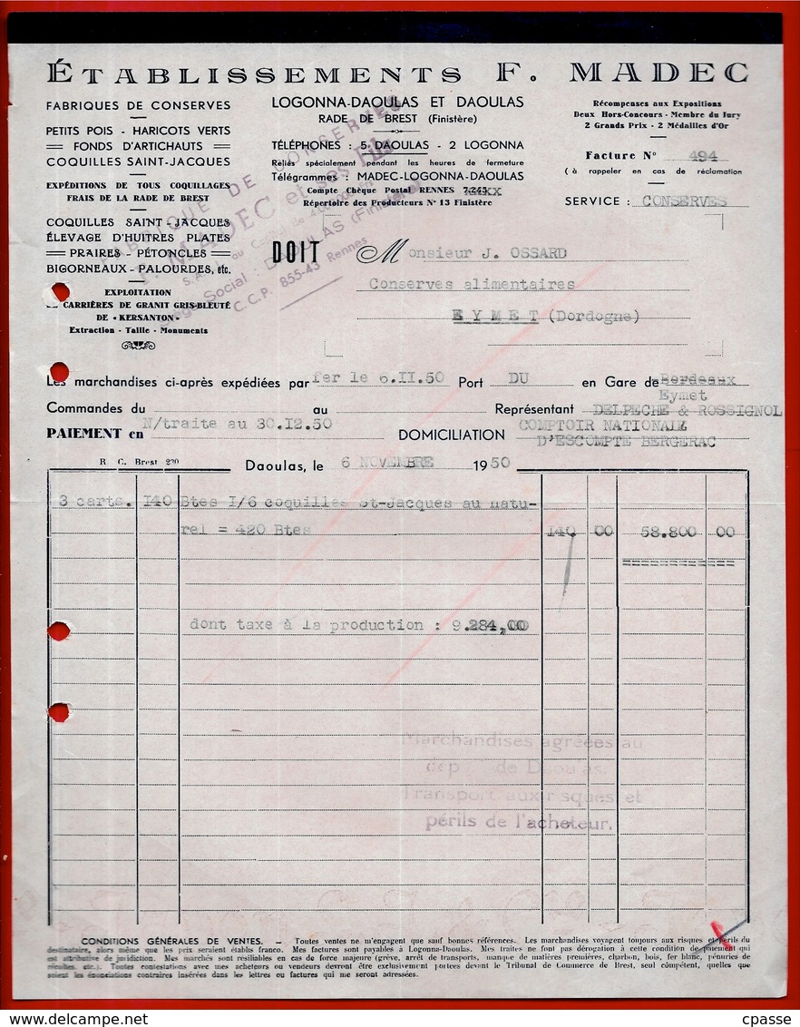 1950 FACTURE Etablissements F. MADEC Fabriques De Conserves 29 LOGONNA-DAOULAS & DAOULAS Finidtère - Alimentaire