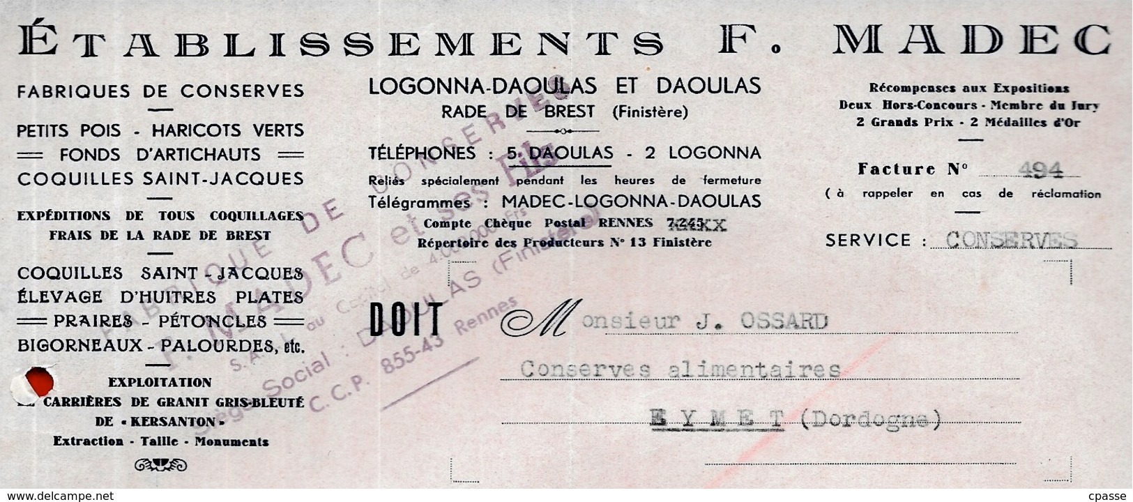 1950 FACTURE Etablissements F. MADEC Fabriques De Conserves 29 LOGONNA-DAOULAS & DAOULAS Finidtère - Alimentaire