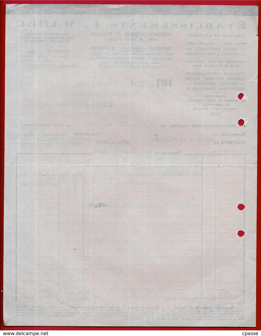 1950 FACTURE Etablissements F. MADEC Fabriques De Conserves 29 LOGONNA-DAOULAS & DAOULAS Finidtère - Alimentaire