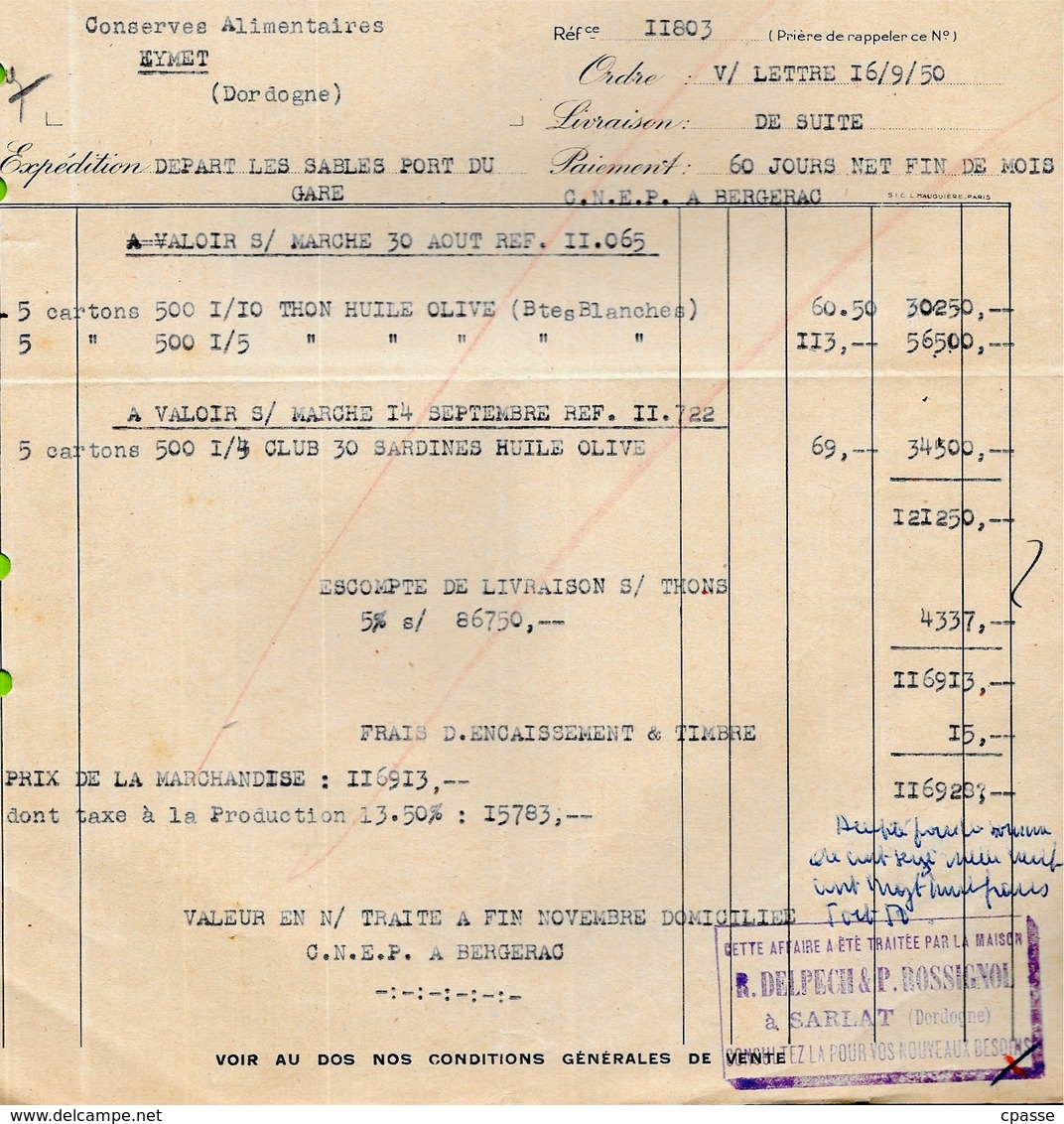 1950 FACTURE Etablissements René MAINGOURD - CONSERVES 45 ORLEANS Loiret & 29 LESCONIL Finistère - Food