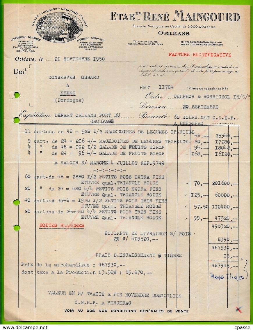 1950 FACTURE Etablissements René MAINGOURD - CONSERVES 45 ORLEANS Loiret & 29 LESCONIL Finistère - Alimentaire