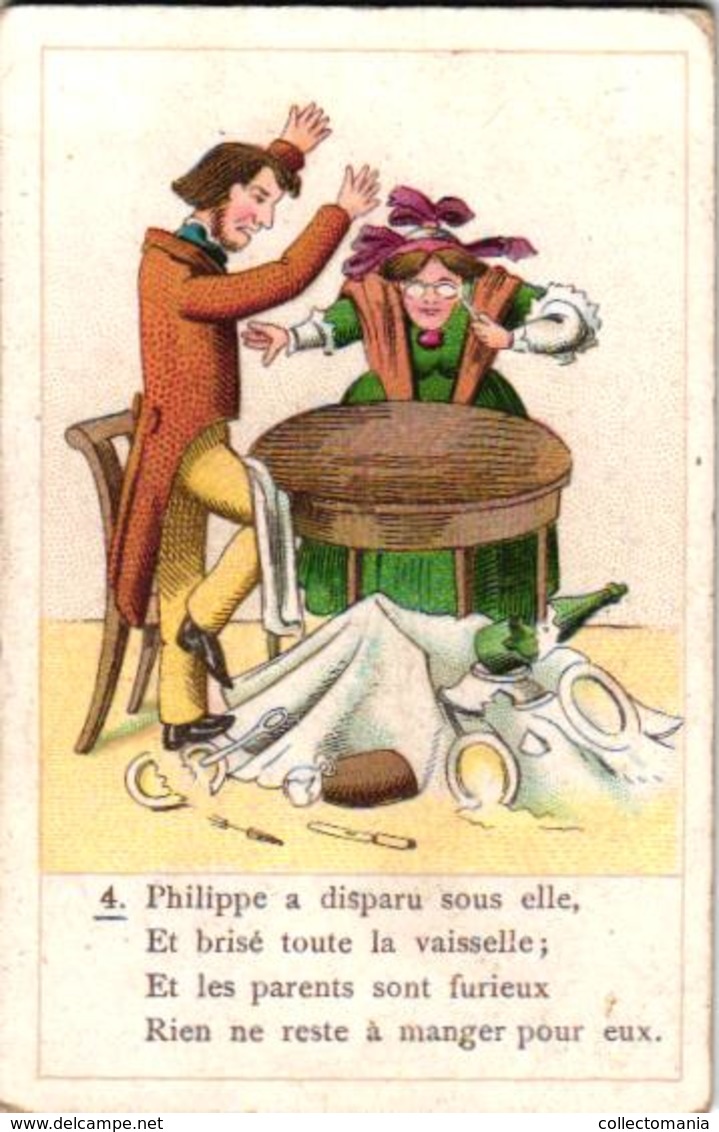 48 playing cards, c1870 litho, lithography, children game quartet = 4 card-story, humor,  jeu de cartes incomplete RARE