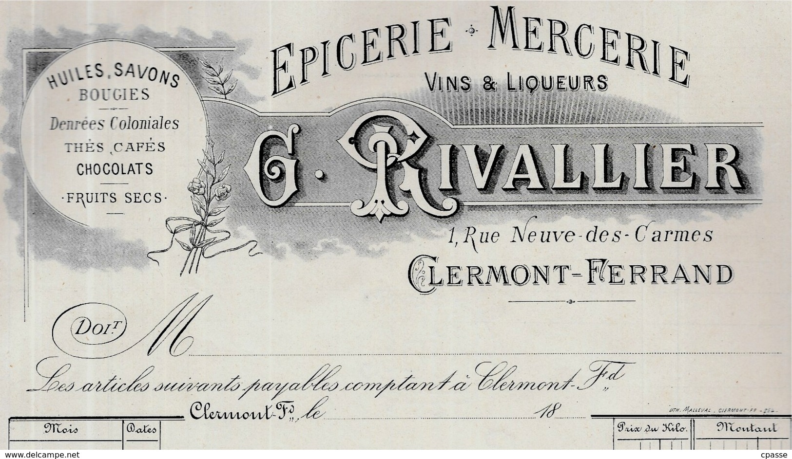 Fin XIXe FACTURE EPICERIE MERCERIE Vins & Liqueurs G. RIVALLIER 63 Clermont-Ferrand - 1800 – 1899