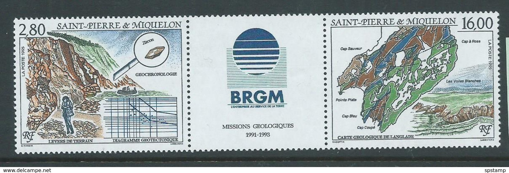 St Pierre & Miquelon 1995 Geological Mission Strip With Central Label MNH - Unused Stamps