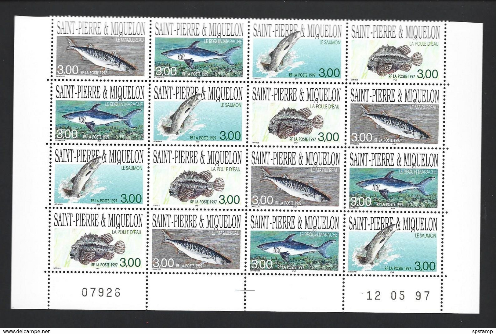 St Pierre & Miquelon 1997 Fish Block Of 16 With 4 Strips Of 4 From Sheet Base MNH - Unused Stamps