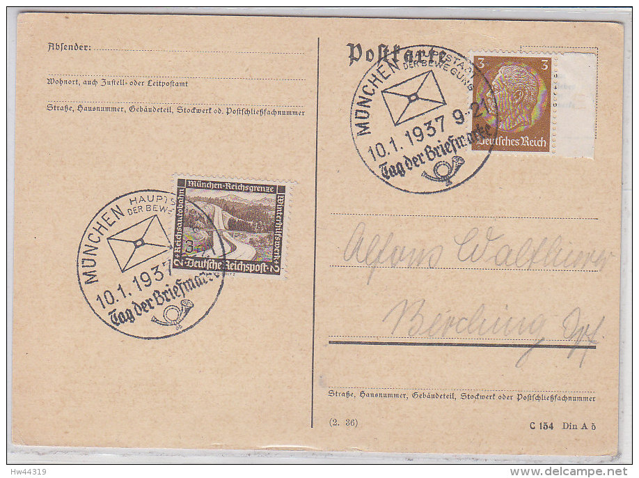 Stempel - Karte Mit 2 Marken Und SST MÜNCHEN 10.1.37 Tag Der Briefmarke - Briefe U. Dokumente