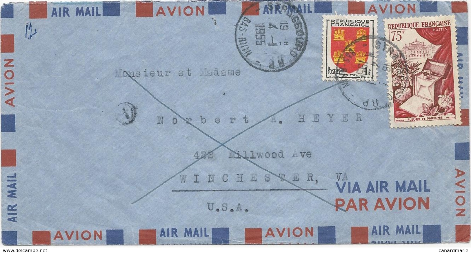 LETTRE PAR AVION 1955 POUR LES USA AVEC 2 TIMBRES TYPES BLASON POITOU/FLEURS ET PARFUMS - 1921-1960: Moderne