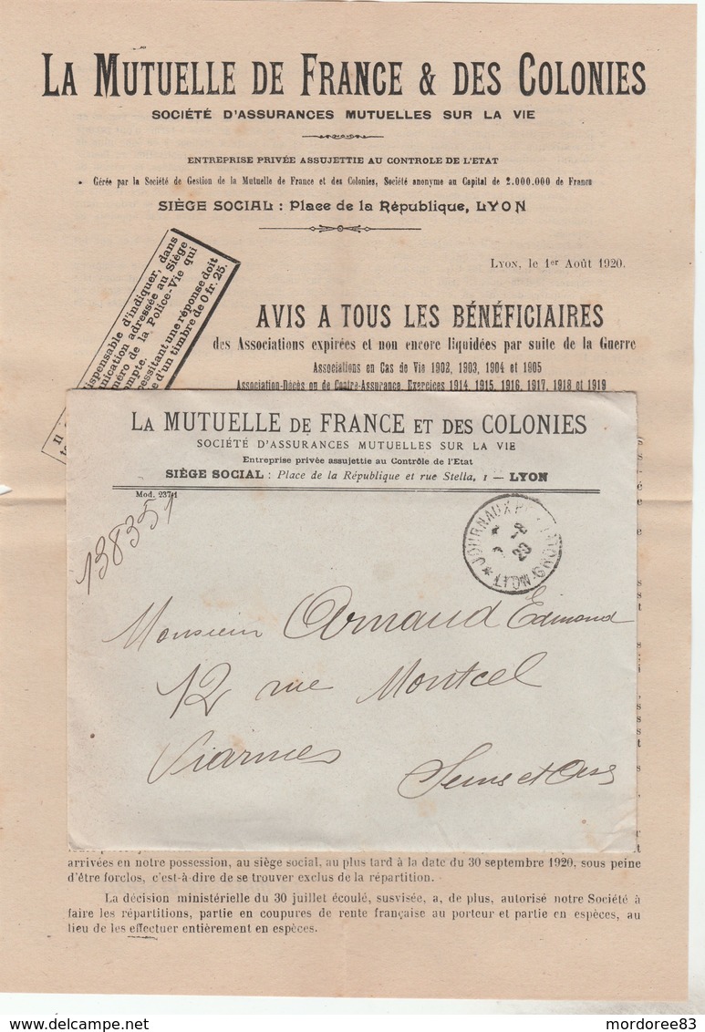 CACHET JOURNAUX PP LYON GROLEE 9/8/20 SUR ENV MUTUELLE FR+ COLONIES POUR VIARMES -           TDA103A - 1877-1920: Semi Modern Period