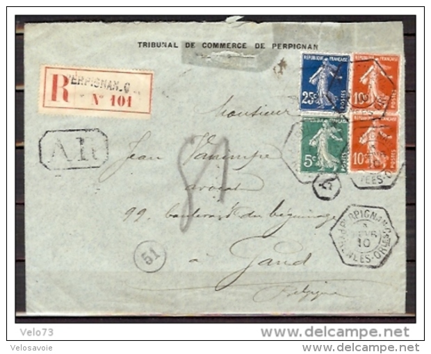 N° 137+138x2+140 SEMEUSE SUR LETTRE RECOMMANDE DE PERPIGNAN - C DU 05/02/10 - 1877-1920: Semi Modern Period