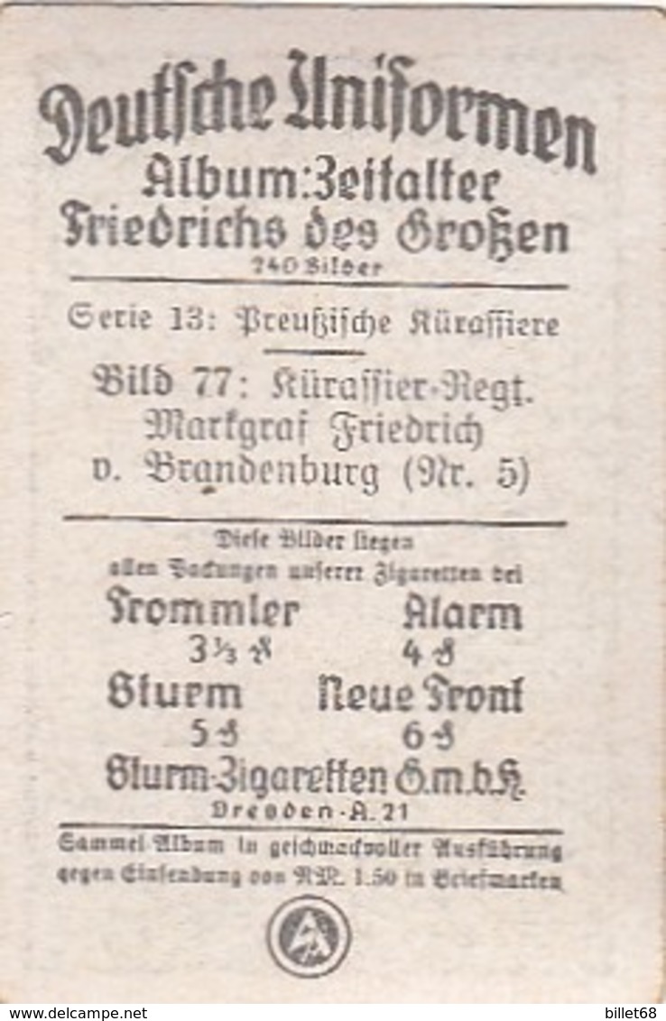 Deutsche Uniformen Friedrichs Le Grand -  N° 77 - Cartes De Cigarettes Allemandes STURM De 1932 - Sturm