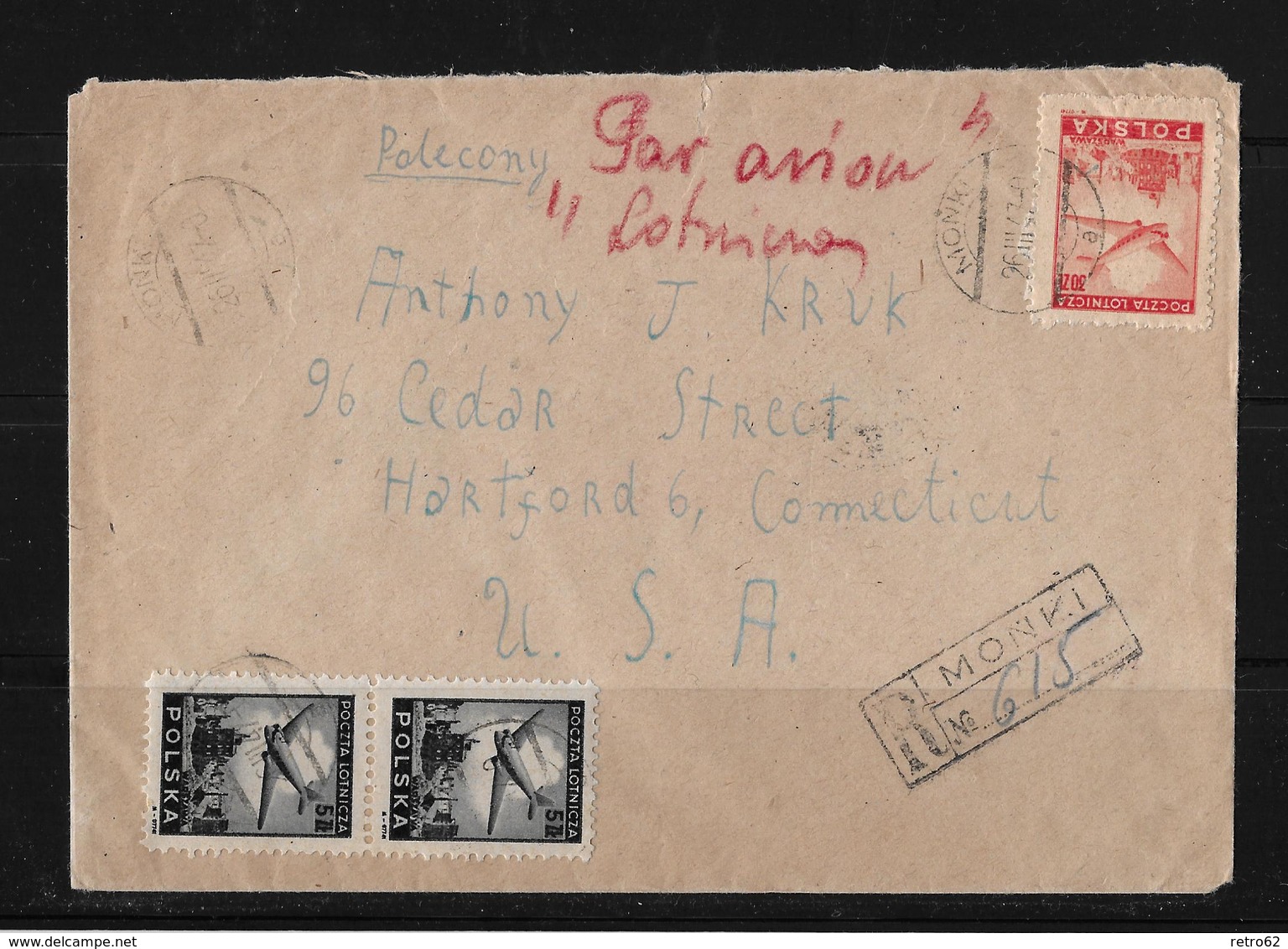 1947 Poland → Postage Paid 40 Zt On Registered Airmail Minki Letter Cover To US - Vliegtuigen