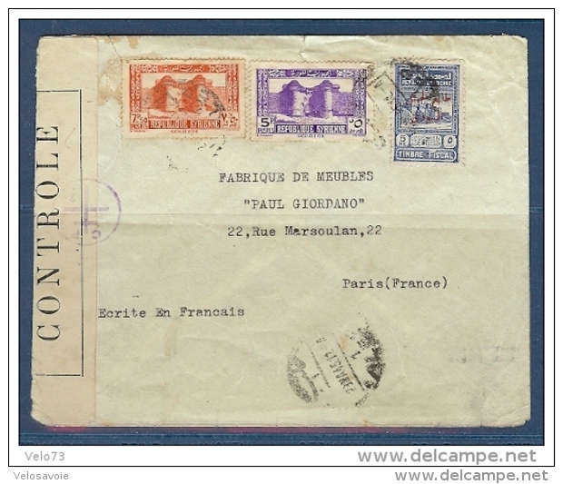 SYRIE N° 257+258+296 TIMBRE FISCAL SUR LETTRE CENSUREE - Storia Postale