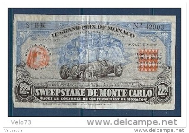 BILLET DE LOTERIE DU GRAND PRIX DE MONACO DE 1937 RARE - Lottery Tickets