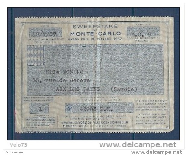 BILLET DE LOTERIE DU GRAND PRIX DE MONACO DE 1937 RARE - Lottery Tickets