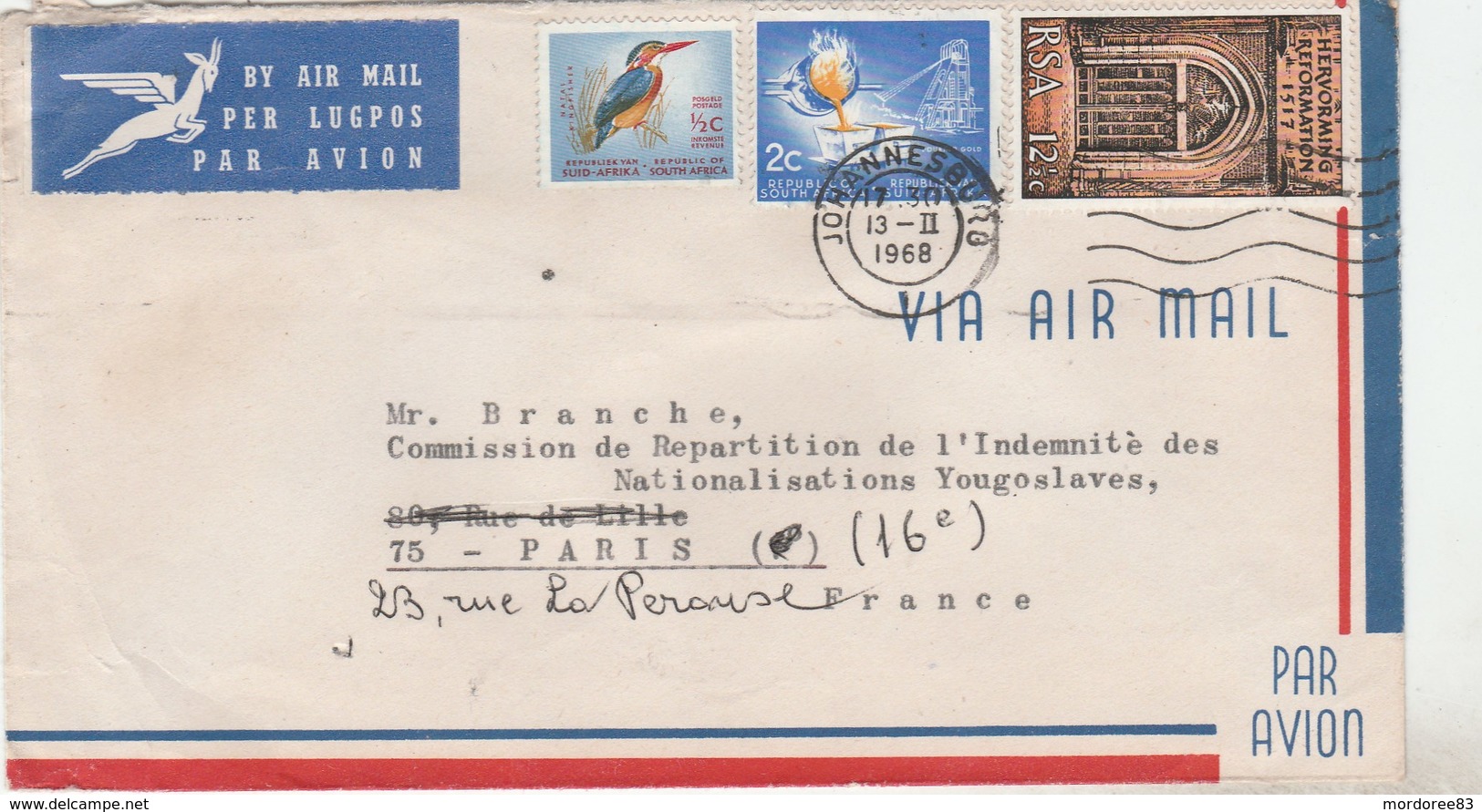 COVER JOHANNESBURG 13/2/68 POUR FRANCE PARIS -                                    TDA103A - Lettres & Documents