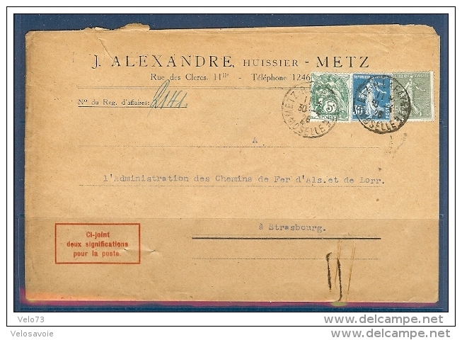 N° 111+192+198 BLANC+SEMEUSE SUR LETTRE DE METZ DE 1926 - 1921-1960: Période Moderne