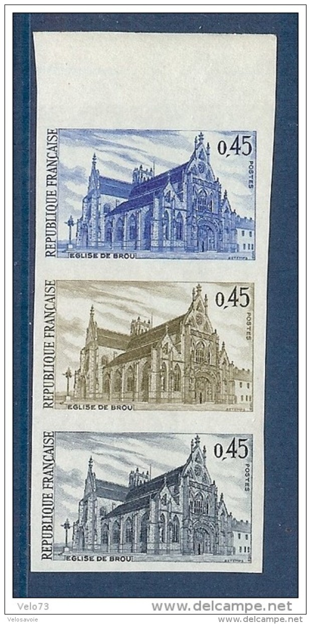 N° 1582 EGLISE DE BROU EN BANDE DE 3 ESSAI DE COULEUR ** - Andere & Zonder Classificatie