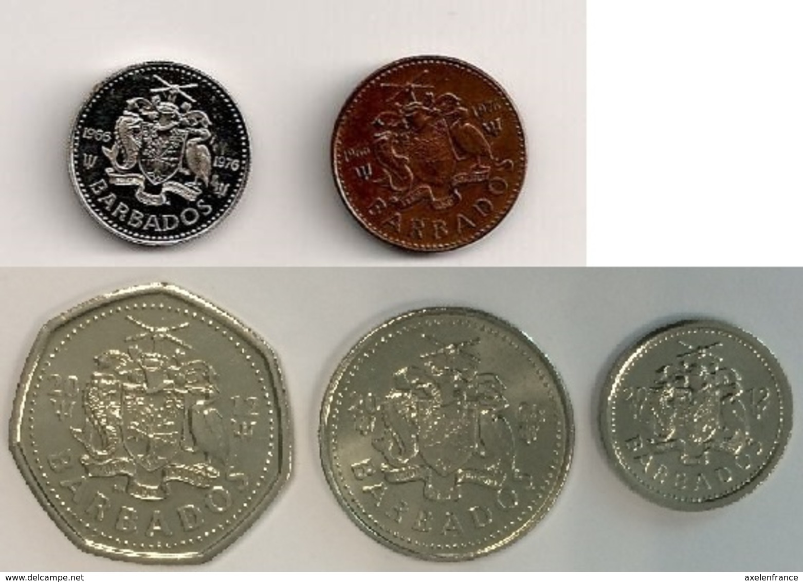 Barbades - 1 Cent 1976 - 10 Cents 1976 - 10 Cents 2012 - 25 Cents 2008 - 1 Dollar 2012 - Barbades