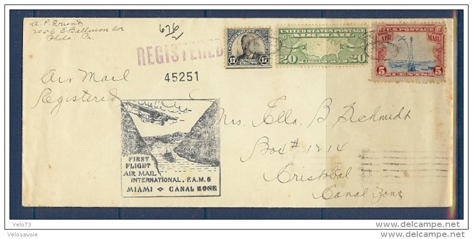 ETATS UNIS LETTRE RECOMMANDEE DE 1929 PREMIER VOL MIAMI-CANAL ZONE - Postal History