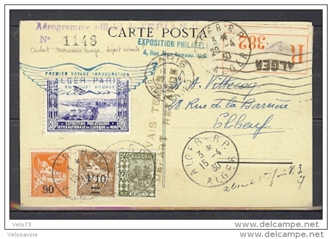 ALGERIE CARTE POSTALE 1ER VOL ALGER-PARIS EN DOUZE HEURES DU 20/04/30 - Lettres & Documents