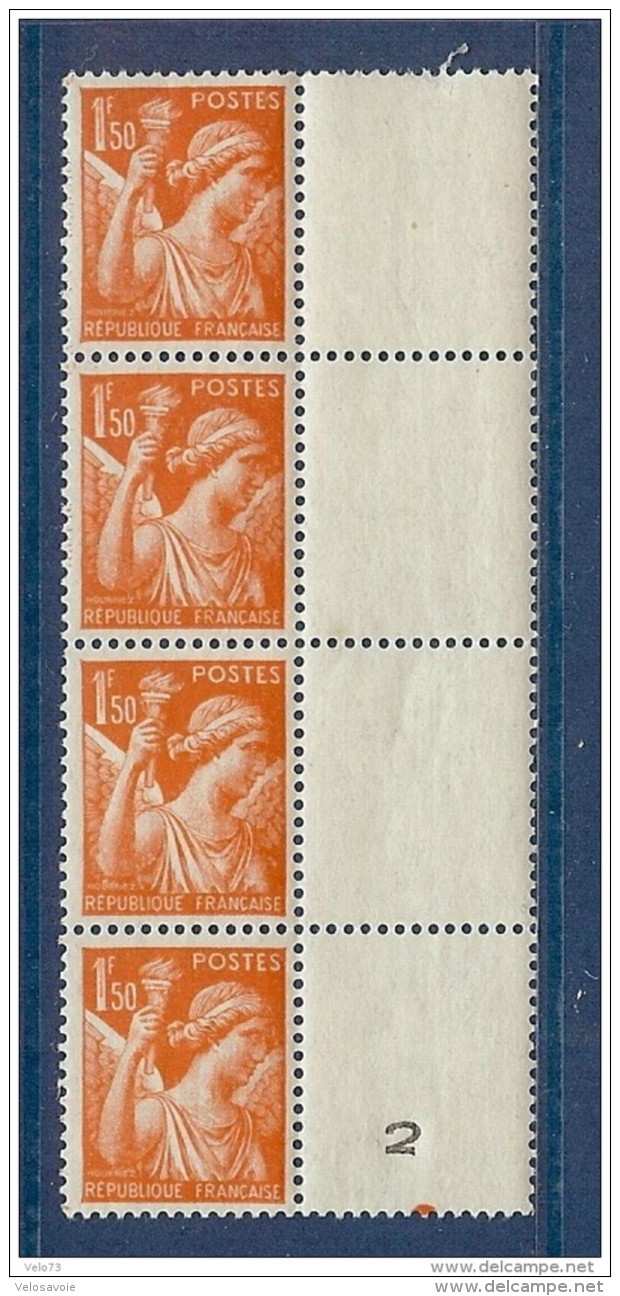 N° 435 IRIS 1F50 ORANGE EN BANDE DE 4 AVEC VARIETEBARRE DE COULEUR DANS LE CHIFFRE 1 ** - Unused Stamps