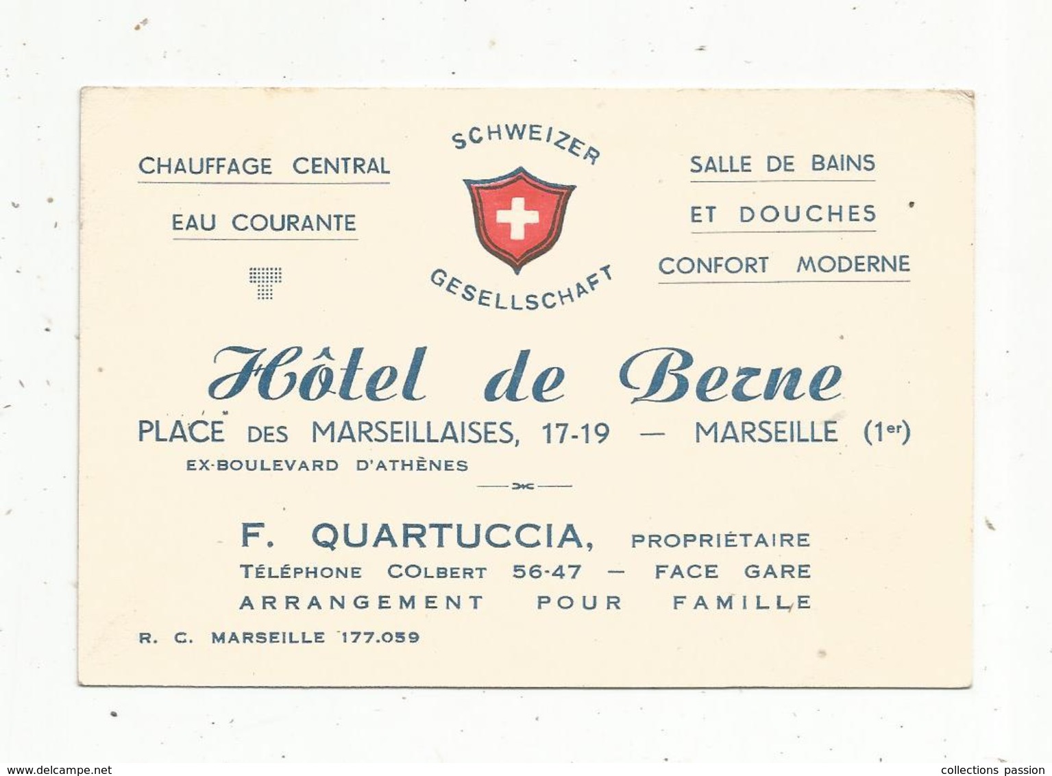 Carte De Visite , HOTEL DE BERNE ,place Des Marseillaises ,MARSEILLE - Cartes De Visite