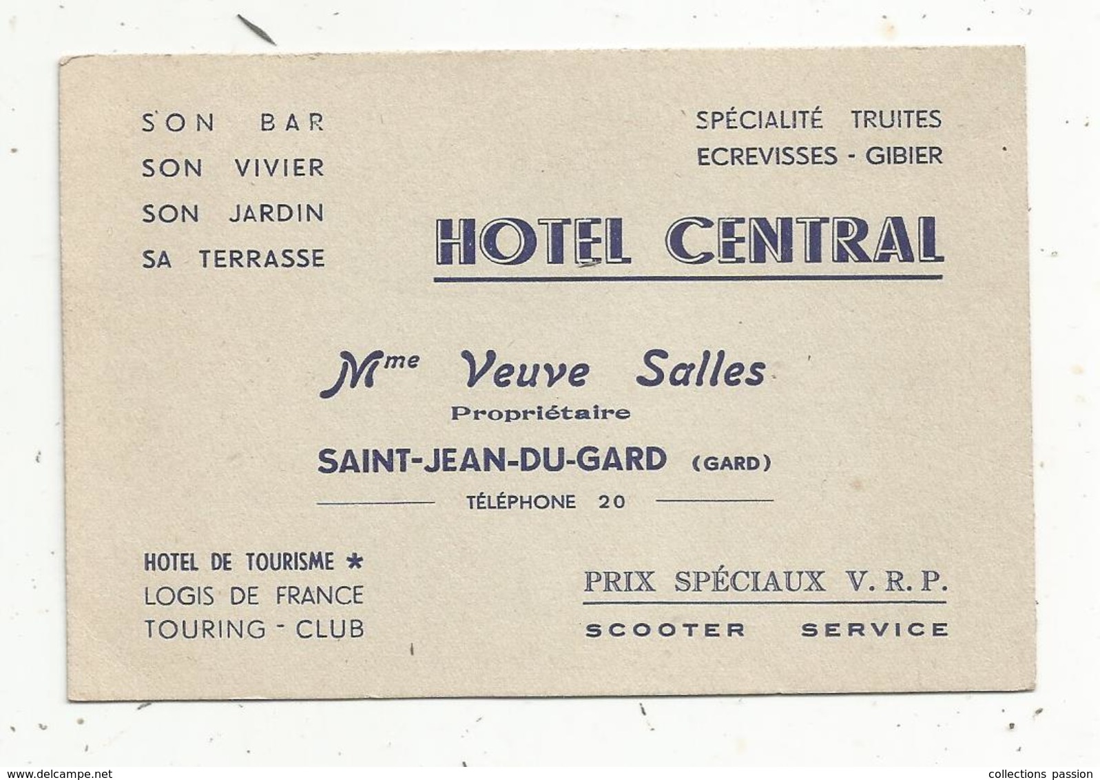 Carte De Visite , HOTEL CENTRAL , SAINT JEAN DU GARD , 30 , GARD , Verso : Facture - Cartoncini Da Visita