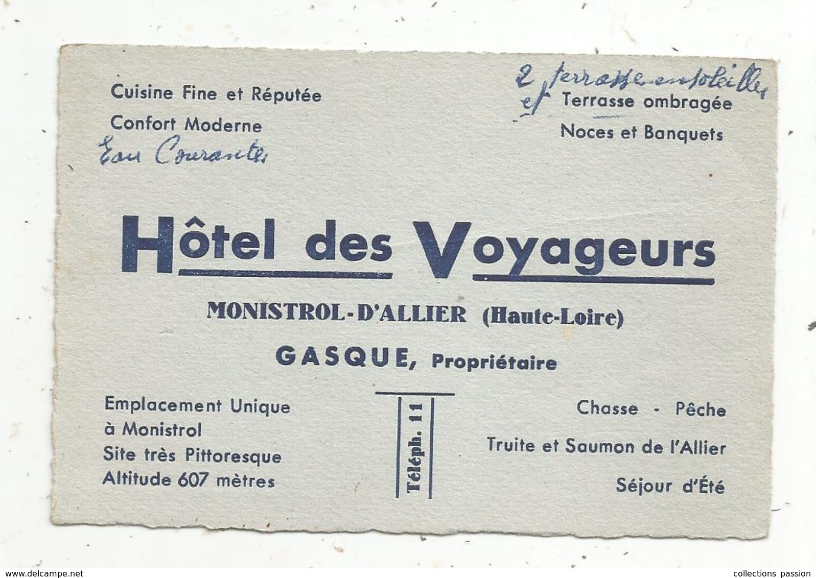 Carte De Visite , HÔTEL DES VOYAGEURS , MONISTROL D'ALLIER , Haute Loire - Cartes De Visite