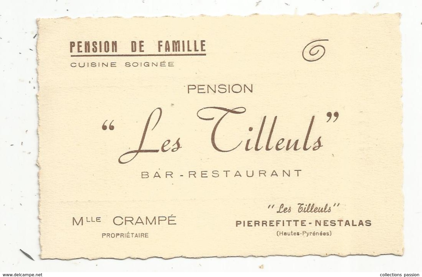 Carte De Visite , RESTAURANT , BAR , PENSION LES TILLEULS , 65 , PIERREFITTE-NESTALAS - Visitenkarten