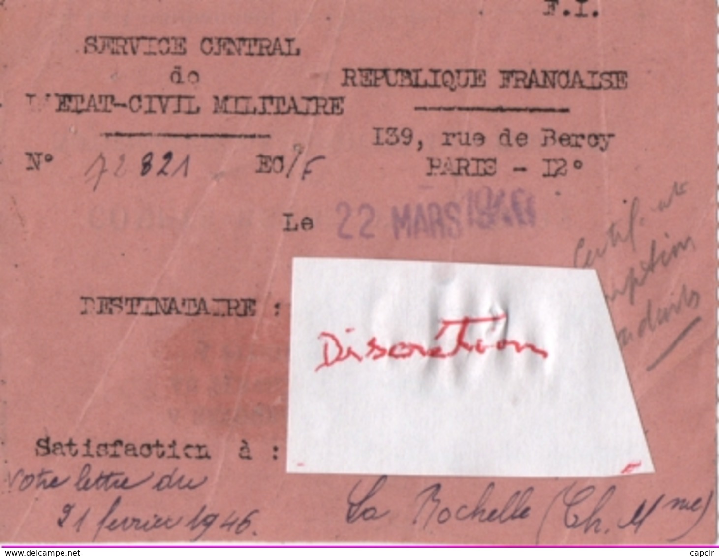 1939-46 Camp D'internement De Pithiviers :Compte Rendu D'exécution De La Notification De Captivité à La Famille. (2 Scan - Documents Historiques