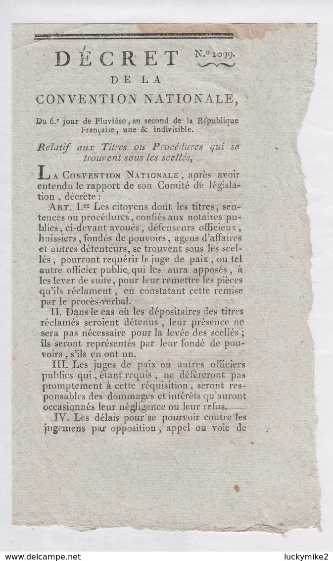 Single Sheet Newspaper From Year 2 Of French Republic.  Ref 0556 - Other & Unclassified