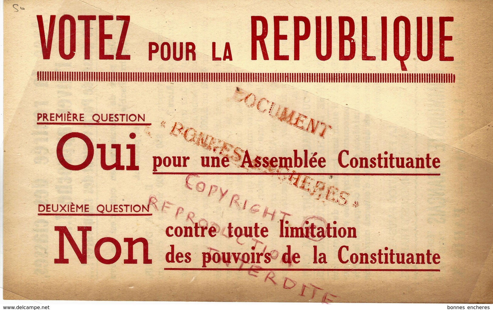 1945 REFERENDUM  CONSTITUTION  4° REPUBLIQUE APRES GUERRE  PARTI COMMUNISTE FRANCAIS - Documents Historiques