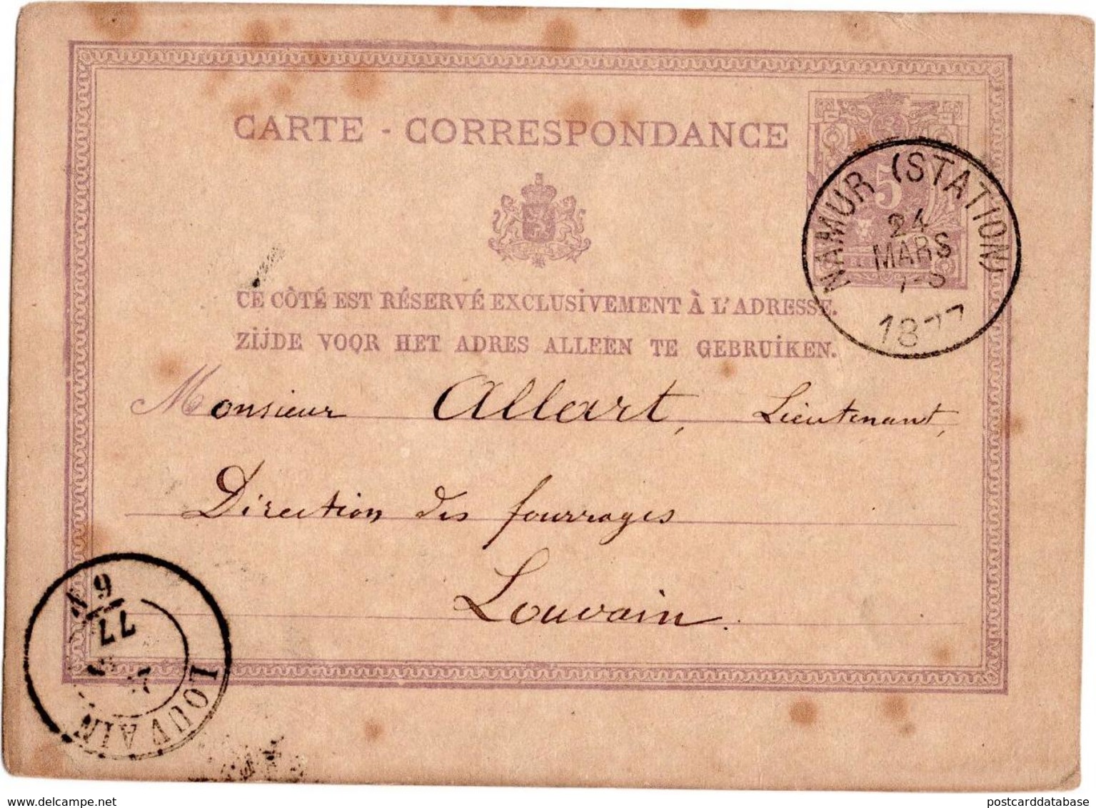 Stamped Stationery Sent From Namur To Louvain 1877 - Cartes Postales 1871-1909