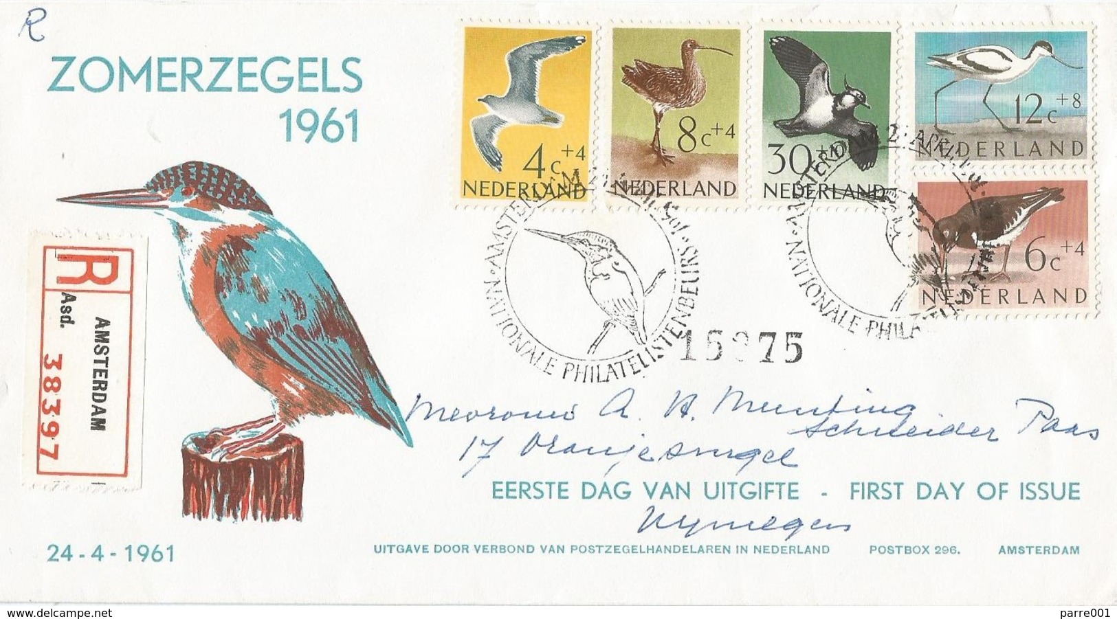 Netherlands 1961 Amsterdam Kingfisher Larus Argentatus Haematopus Ostralegus Vanellus Vanellus FDC Cover - Werbestempel