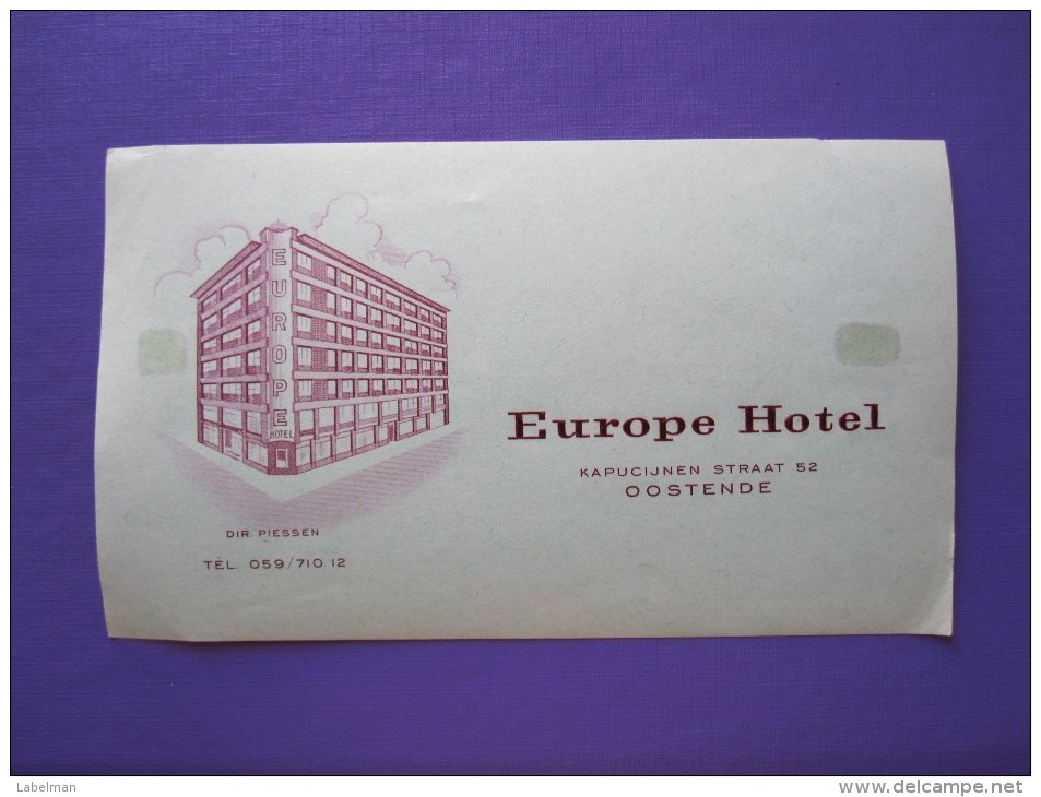 HOTEL MOTEL PENSION EUROPE OOSTENDE BRUXELLES BELGIE BELGIUM BELGIQUE DECAL STICKER LUGGAGE LABEL ETIQUETTE AUFKLEBER - Hotel Labels