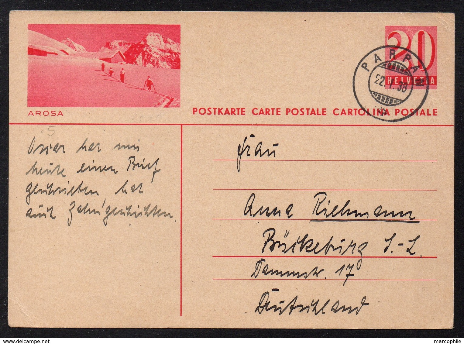 SUISSE - AROSA / 1938 ENTIER POSTAL ILLUSTRE VOYAGE (ref LE2402) - Entiers Postaux