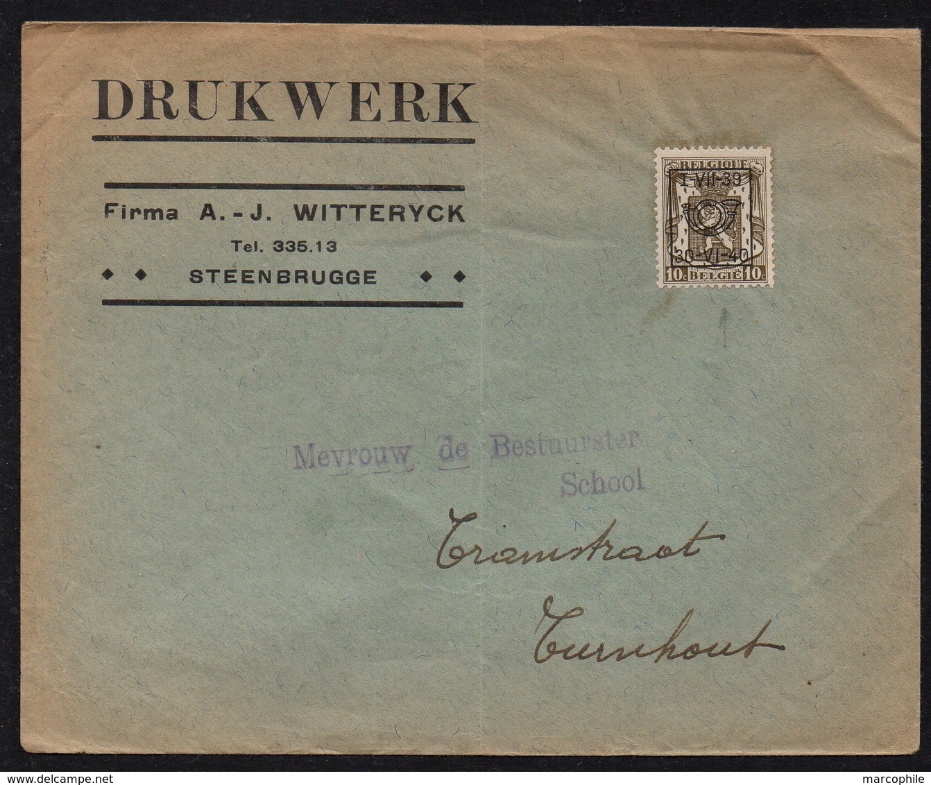 BELGIQUE - BELGÏE - STEENBRUGGE / I-VII-1939 PREOBLITERE SUR LETTRE (ref LE2401) - Tipo 1936-51 (Sigillo Piccolo)