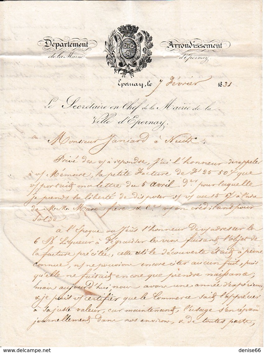 EPERNAY (51) - 7 Février 1831 - Lettre Relative à Une Liqueur à Dégraisser - Maison CHANDON - - Documents Historiques