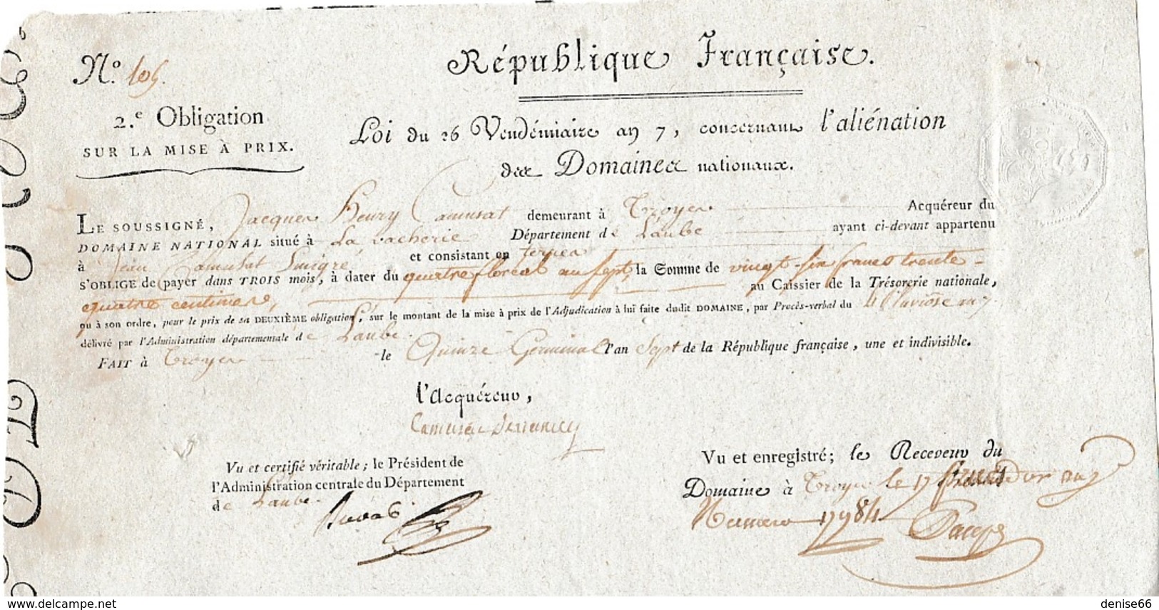 Révol. DOMAINES NATIONAUX - 15 Germinal An 7 - TROYES - LA VACHERIE (10) - Jean CAMUSAT Emigré - Documents Historiques