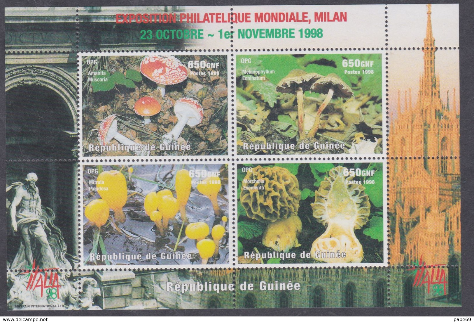 Guinée N° 1252 / 55 XX "Italia'98", Expo. Philaté., Champignons, Les 4 Vals Se Tenant En Une Feuille, Sans Charnière, TB - Guinée (1958-...)