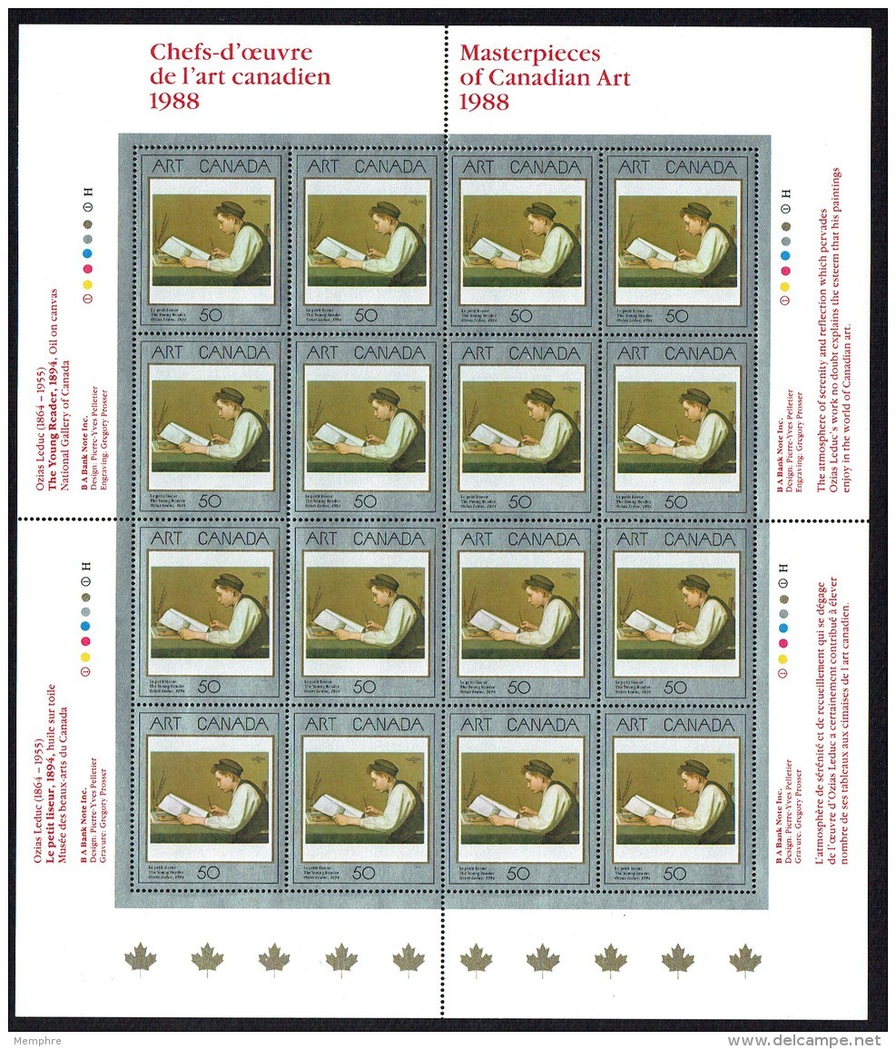 1988  Canadian Art  &laquo;The Young Reader&raquo; By O. Leduc  Sc 1203  Complete MNH Sheet Of 16 - Feuilles Complètes Et Multiples