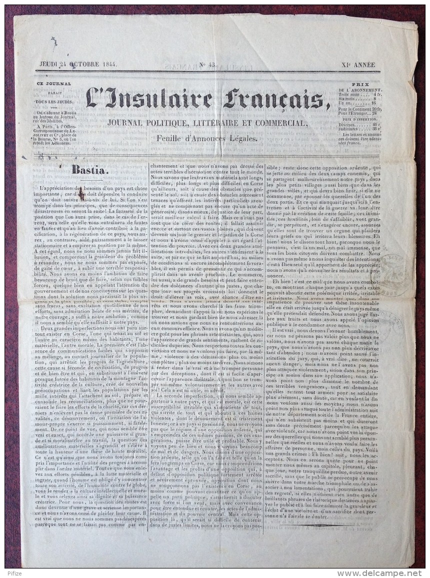 Corse . L'Insulaire Français . Journal Politique , Littéraire Et Commercial Publié à Bastia . 24 Octobre 1844 . Fiscaux - 1800 - 1849
