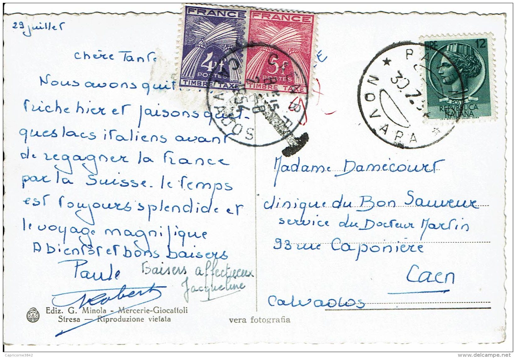 1954 - Carte Postale D'Italie Pour Caen - Taxée 9 Fr - 2 Tp Taxe Au Type Gerbes N° 84 Et 85 - 1859-1959 Lettres & Documents